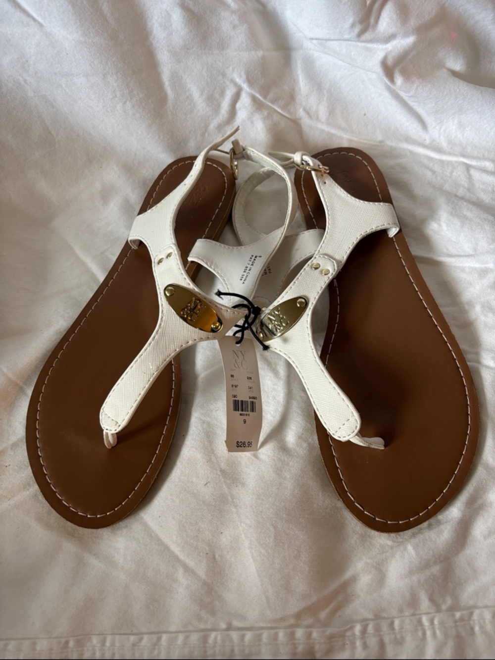 New York & Company White T-Strap Sandals with Gold Accents